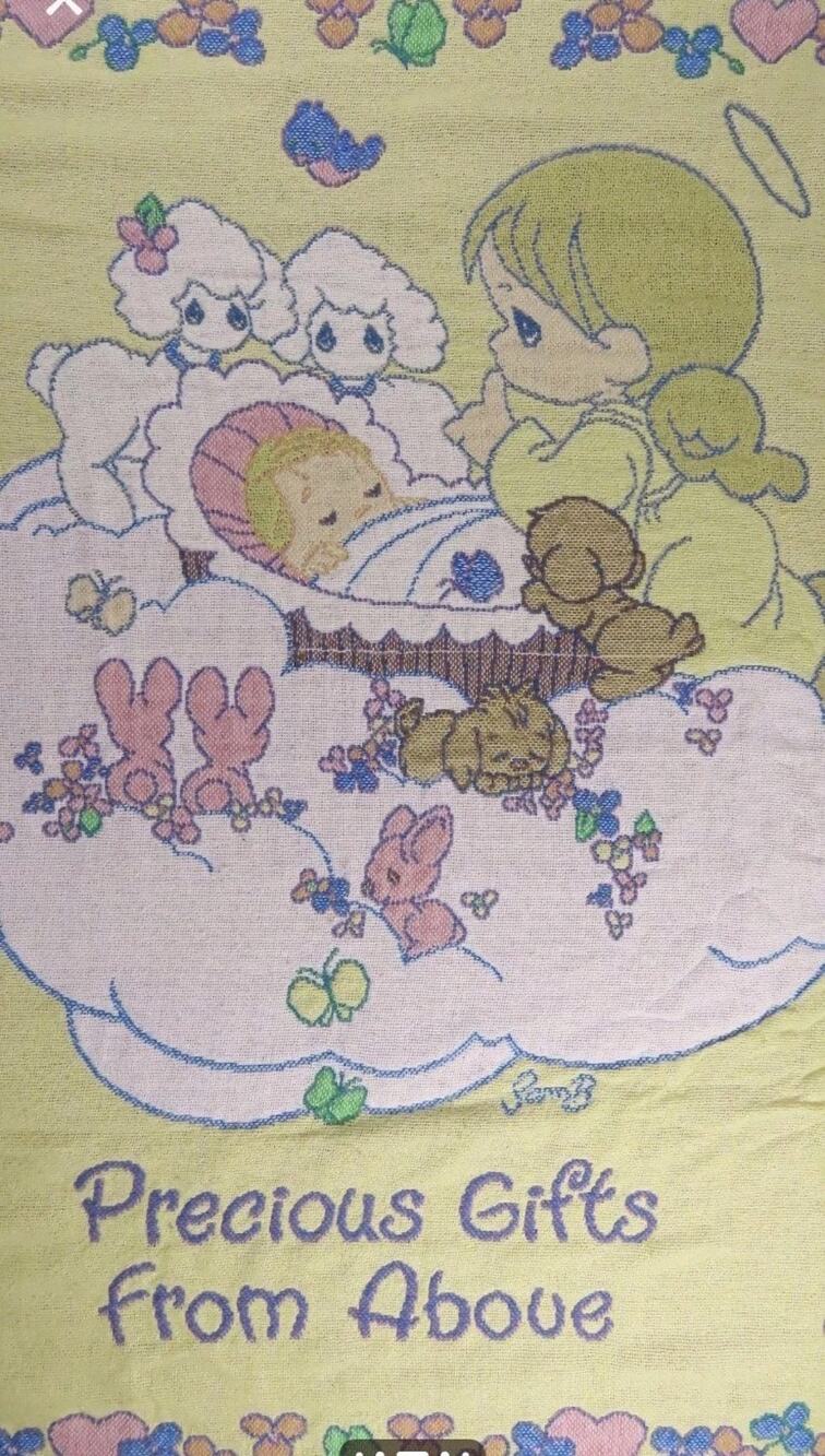 Vtg Precious Moments Tapestry Pillow & Throw Blanket Baby Nursery Kids Room New